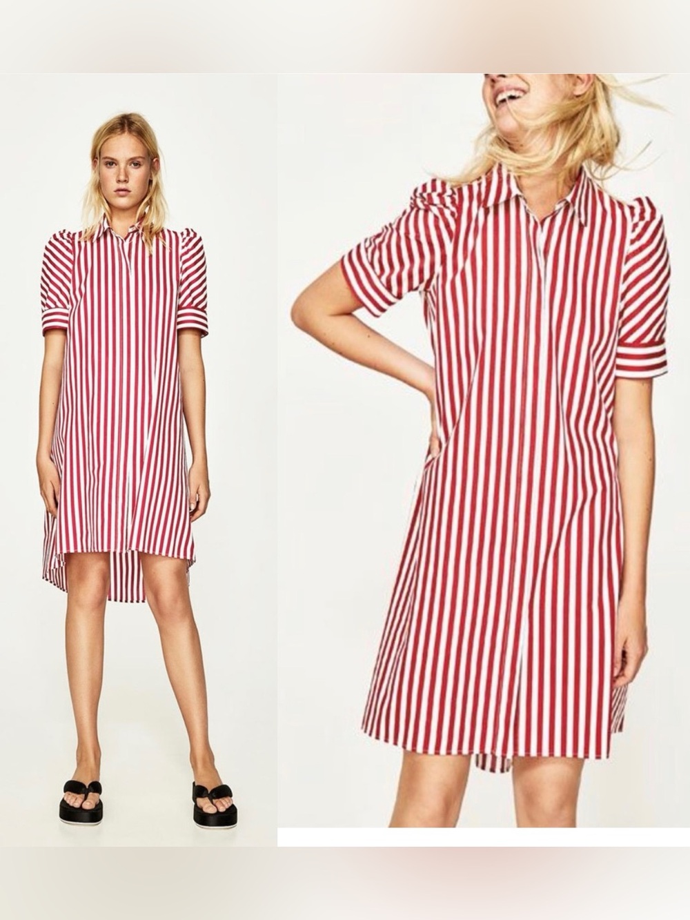 Zara Red & White Striped High-Low Shirt Dress